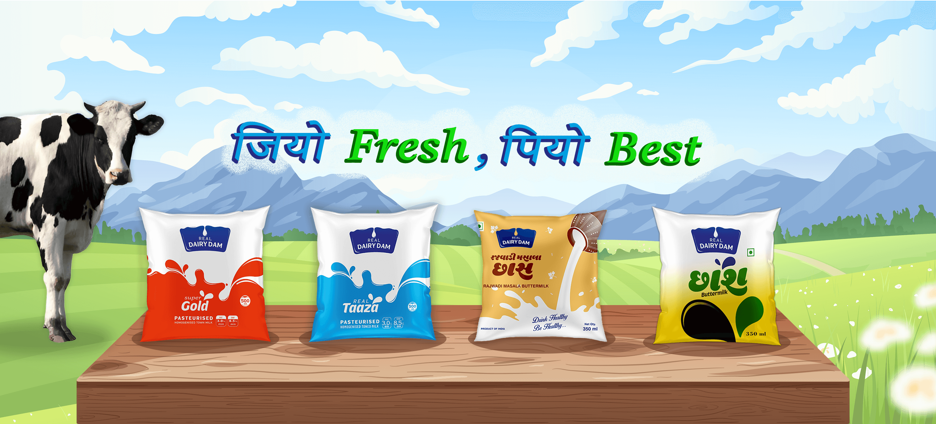 Fresh dairy products, pure milk from Gujarat, Real Dairy Dam quality dairy, sustainable dairy farming.