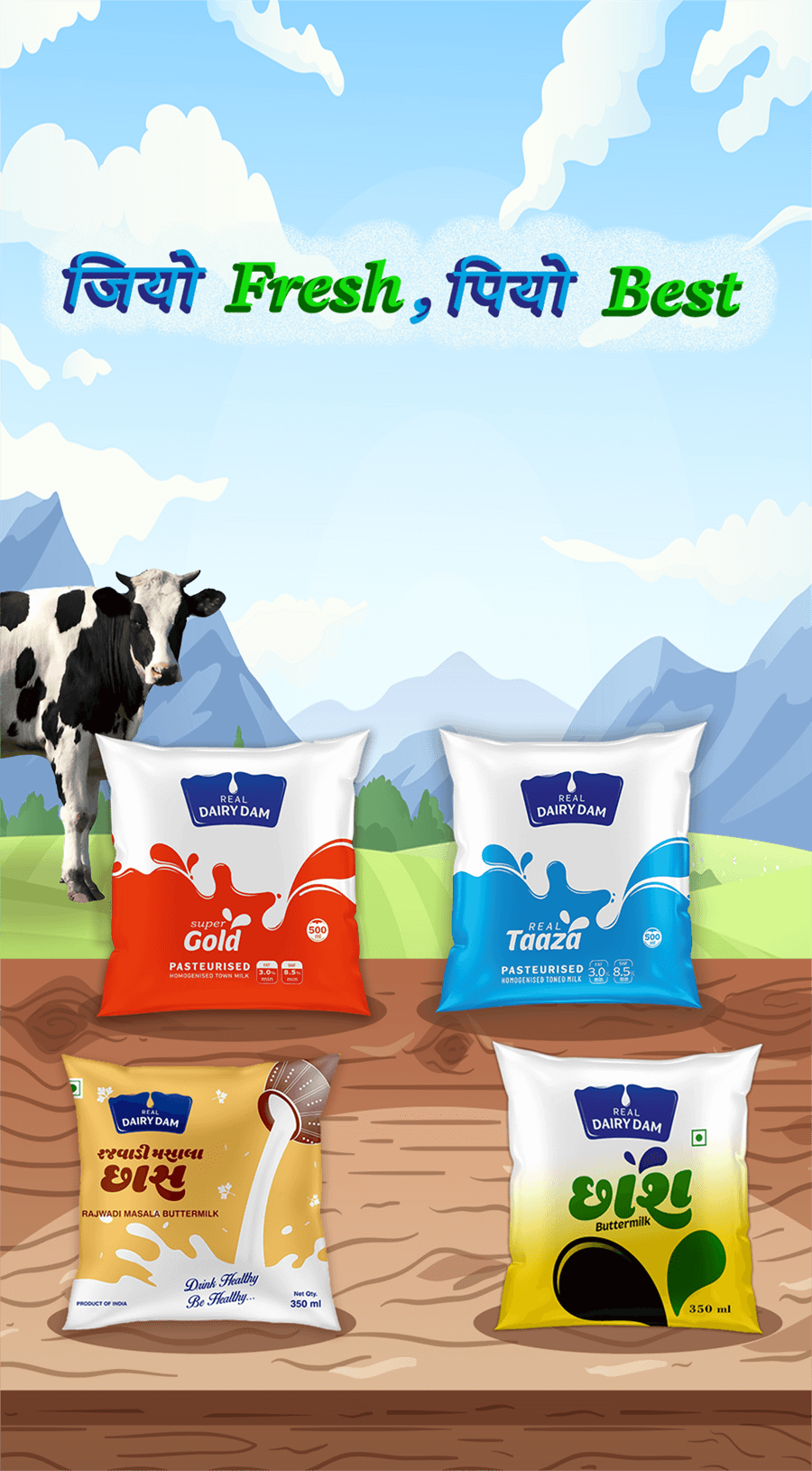 Fresh dairy products, pure milk from Gujarat, Real Dairy Dam quality dairy, sustainable dairy farming.